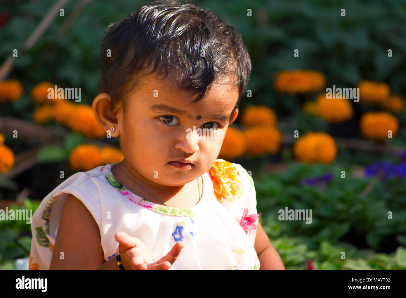 Indian little girl close-up, Empress garden at Pune Stock Photo