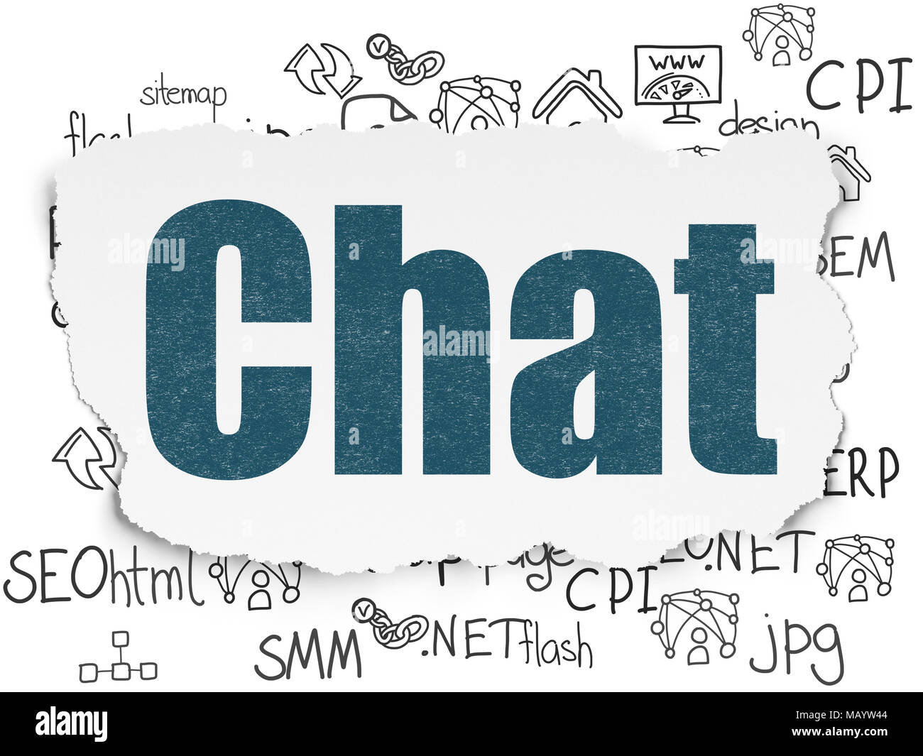 Web design concept: Painted blue text Chat on Torn Paper background with  Hand Drawn Site Development Icons Stock Photo