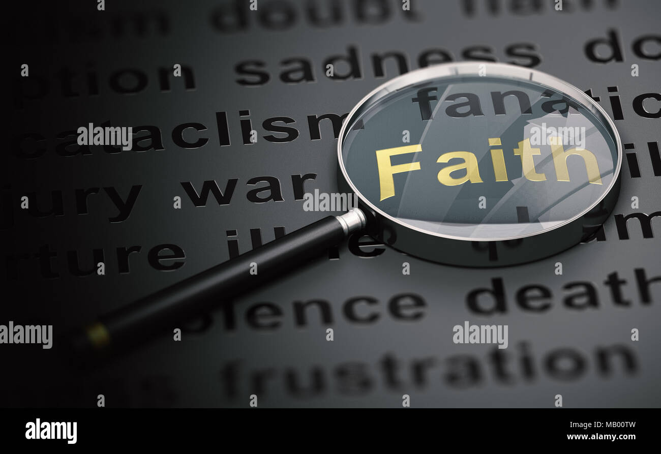3d illustration of a magnifying glass over black background with negative text and focus on the golden word faith. Stock Photo