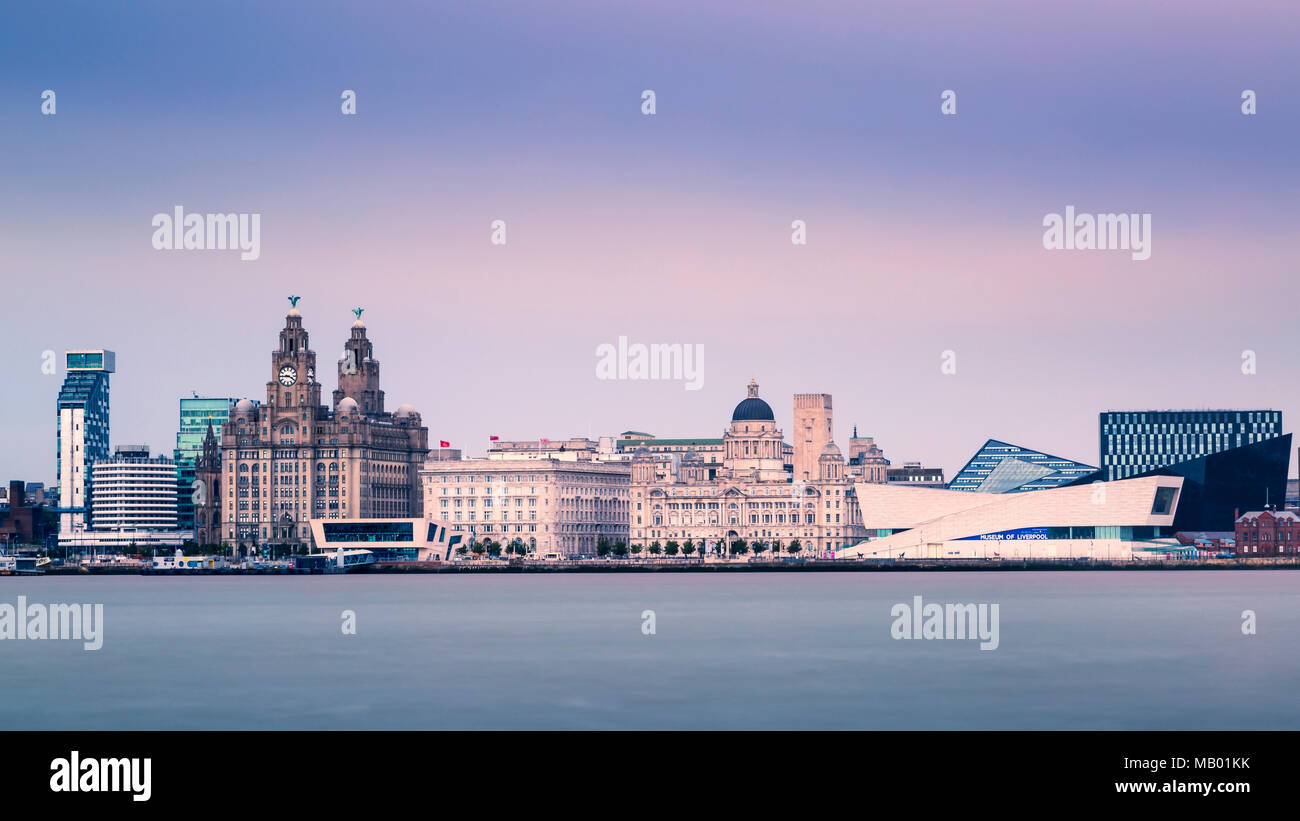 Liverpool waterfront including the Three Graces with Liverpool Museum and The Mann Island building. Stock Photo