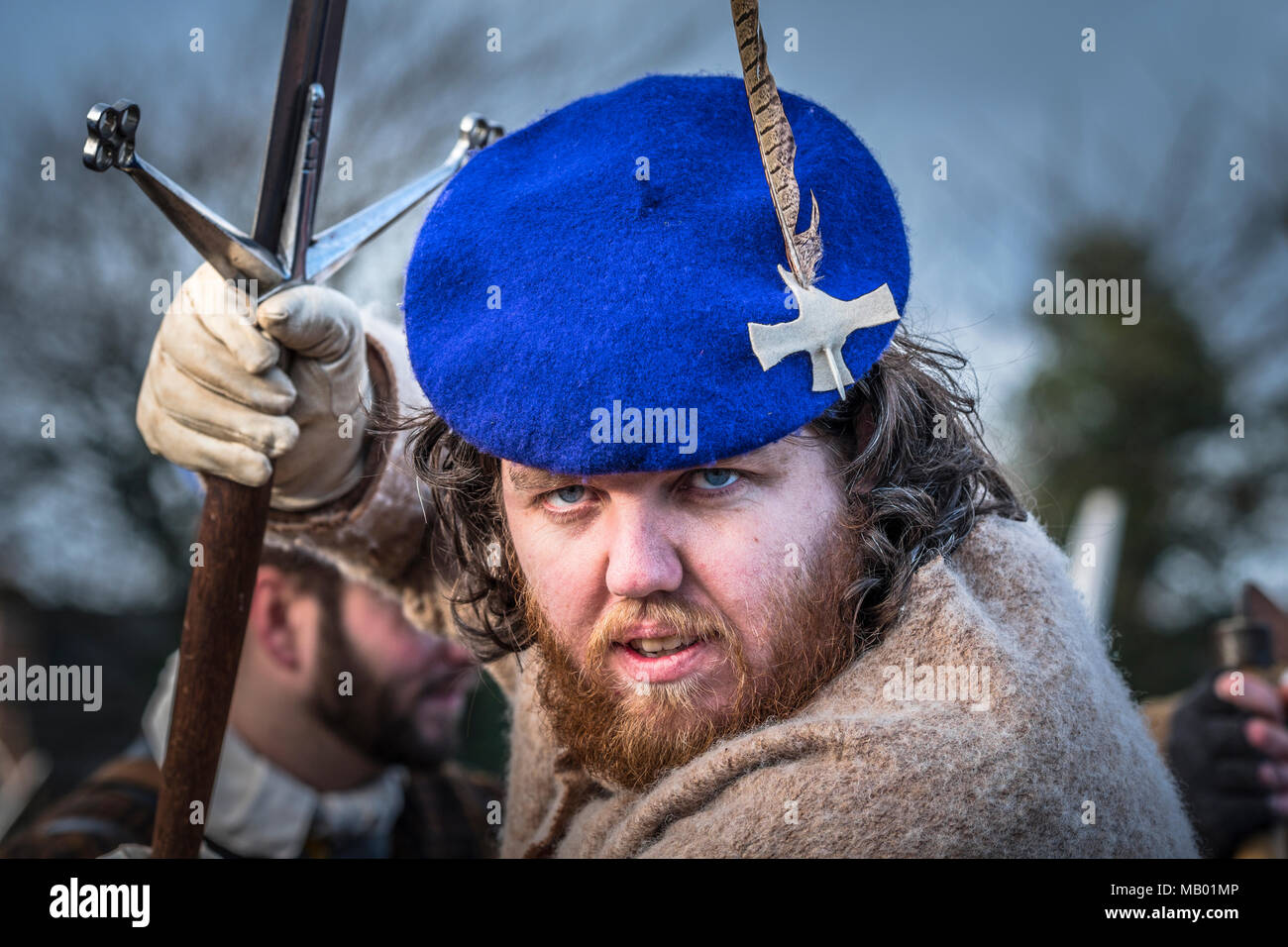 A Scottish soldier at a reenactment of the Jacobite rising of 1745 in support of Bonnie Prince Charlie. Stock Photo