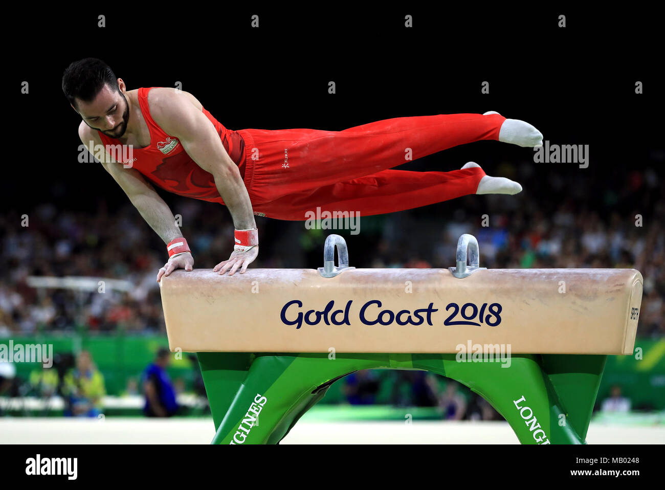 England's James Hall competes on the Pommel horse during the men's men