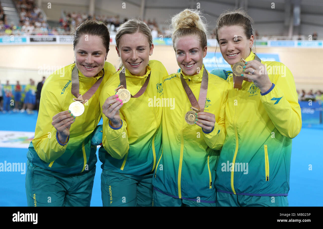 Left to right, Australia's Ashlee Ankudinoff, Annette Edmondson, Alexandra Manly and Amy Cure pose with their medals after winning gold in the Women's 4000m Team Pursuit Finals at the Anna Meares Velodrome during day one of the 2018 Commonwealth Games in the Gold Coast, Australia. Stock Photo