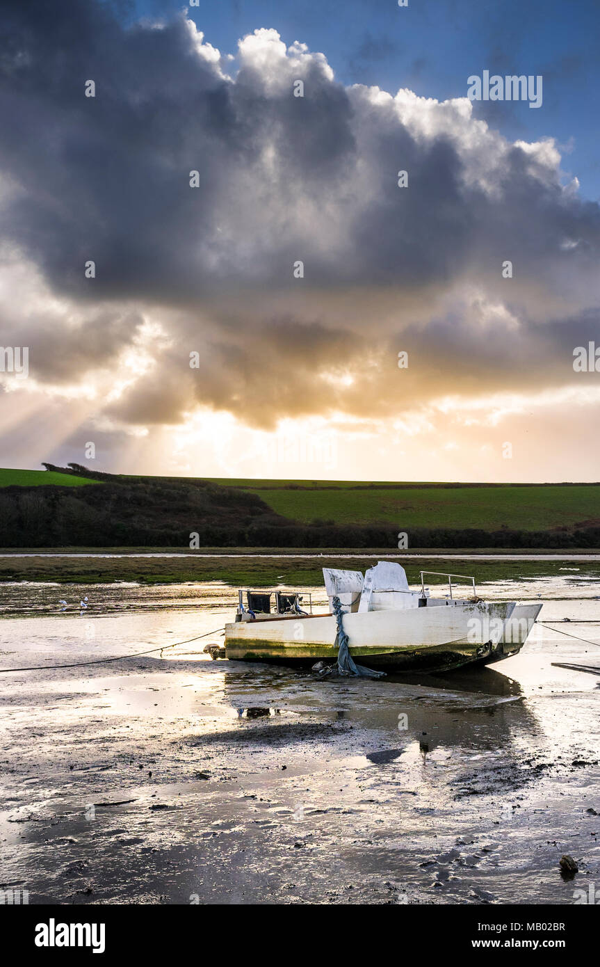 A boat moored at low tide on the Gannel River in Newquay in Cornwall. Stock Photo