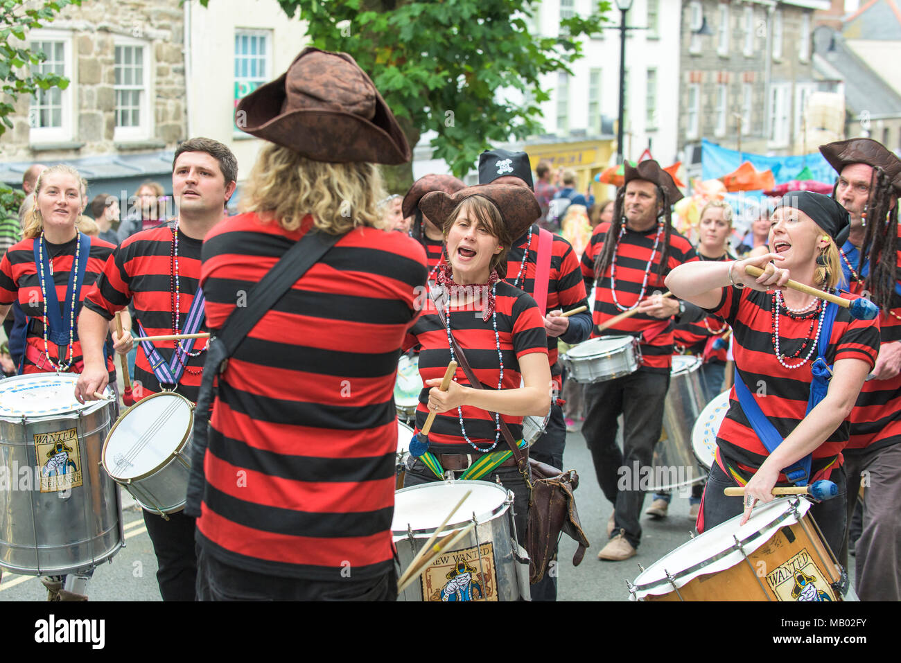 DakaDoum Samba Band performing through the streets of Penryn as part of the Penryn Kemeneth. Stock Photo