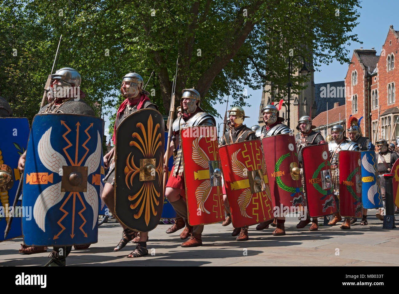 Soldiers marching through the city centre at the Roman Festival. Stock Photo