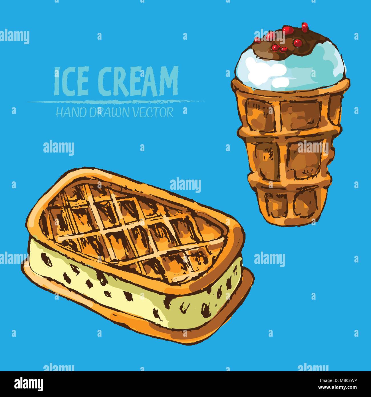 Digital vector detailed line art ice cream balls in bowls and hand