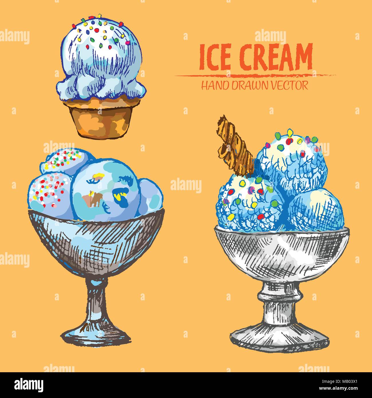 Digital vector detailed line art ice cream balls in bowls and hand
