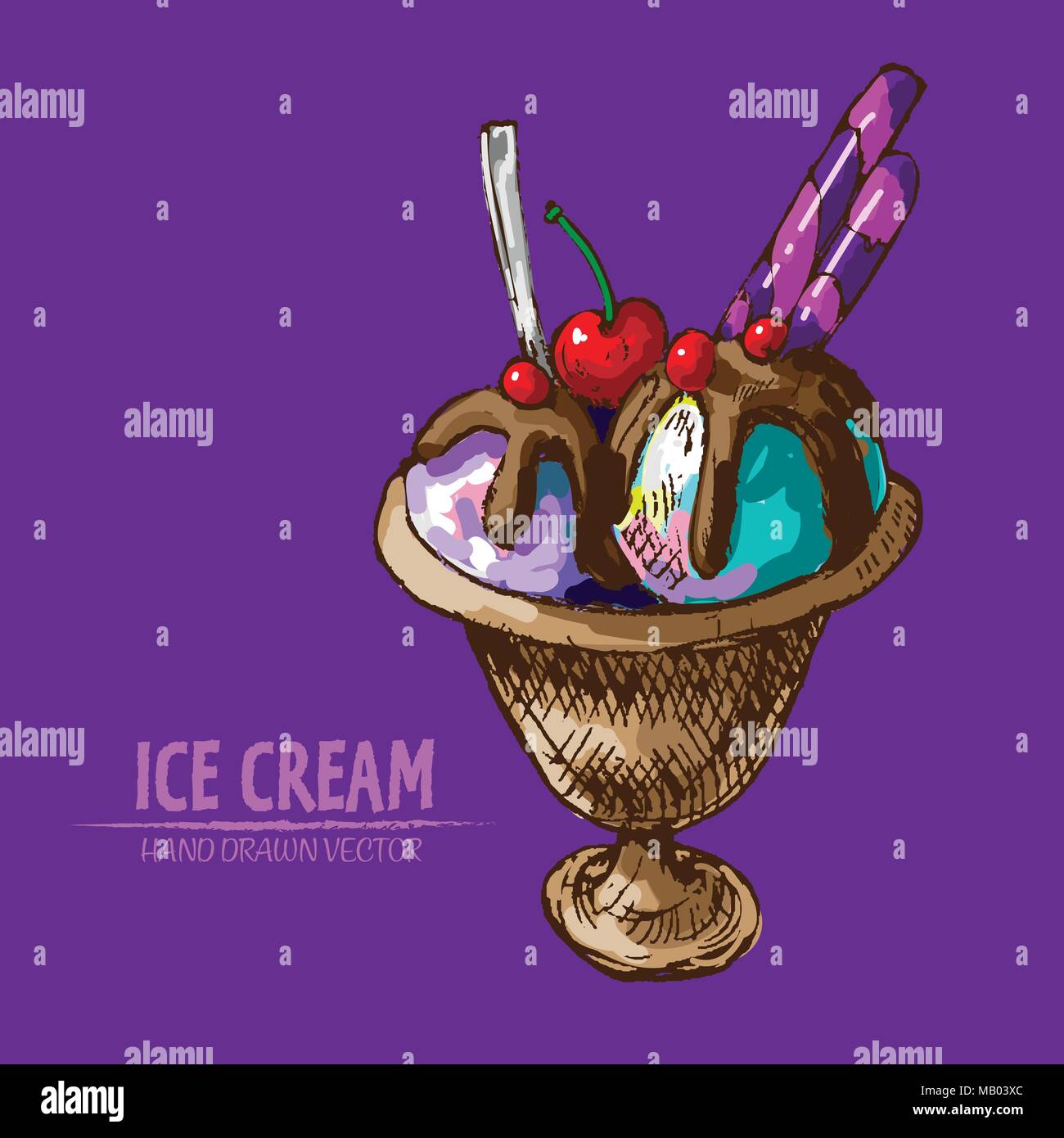 Digital vector detailed line art ice cream balls in bowls and hand