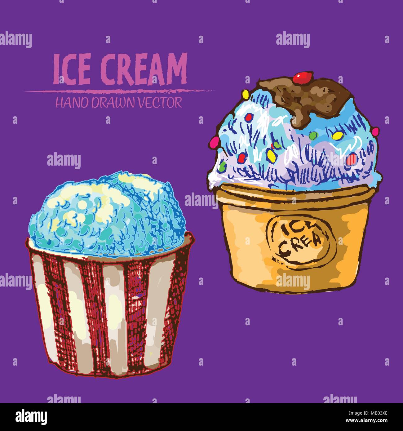 Digital vector detailed line art ice cream balls in bowls and hand