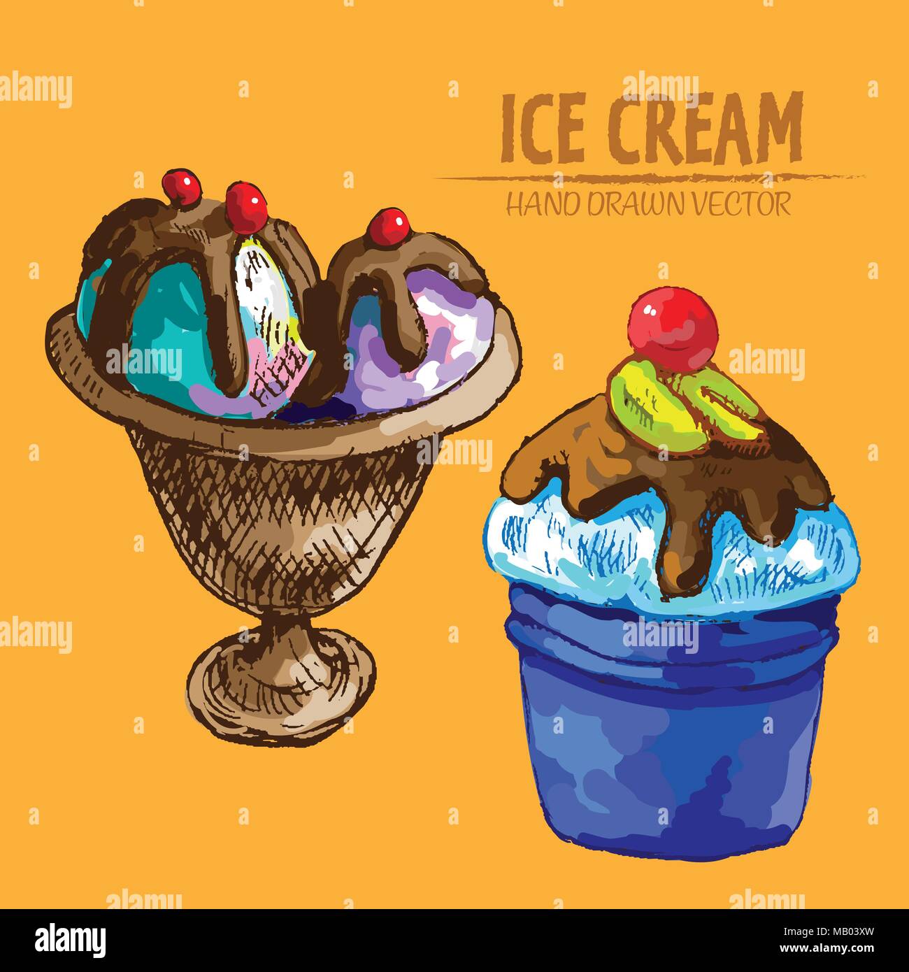 Digital vector detailed line art ice cream balls in bowls and hand ...