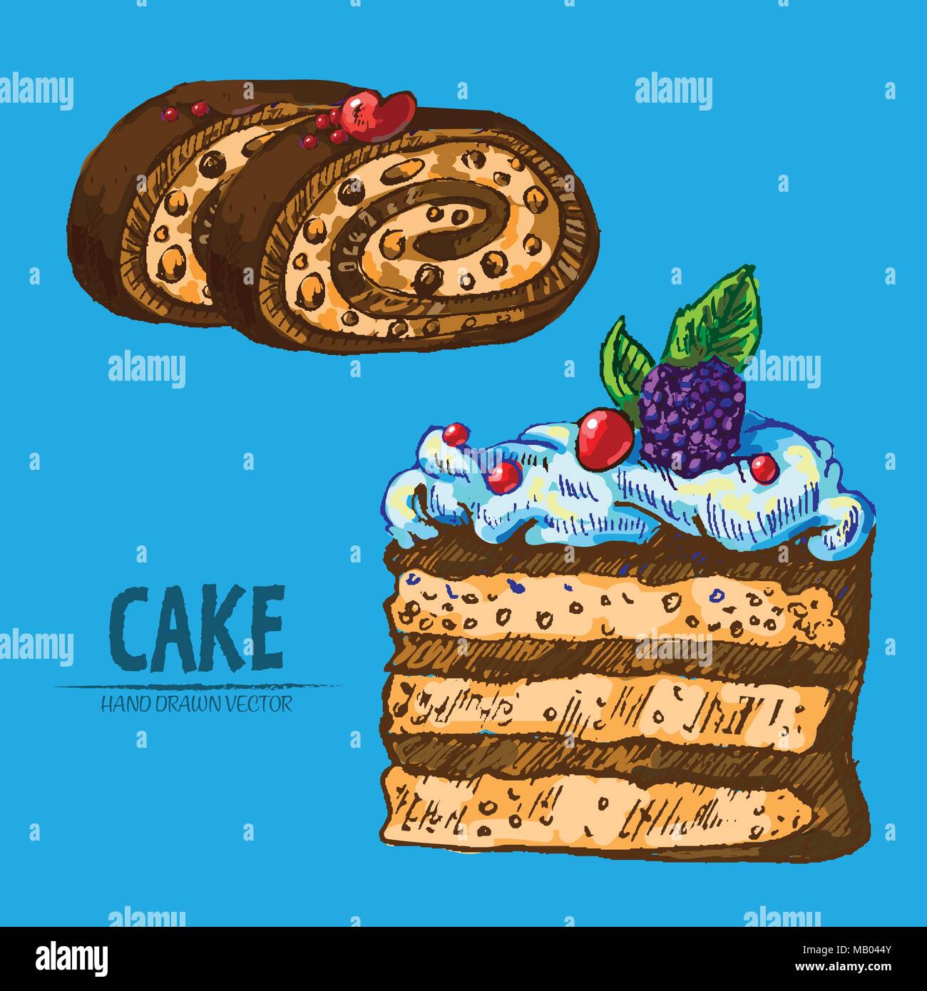 Digital vector detailed line art cake roll with cream hand drawn retro