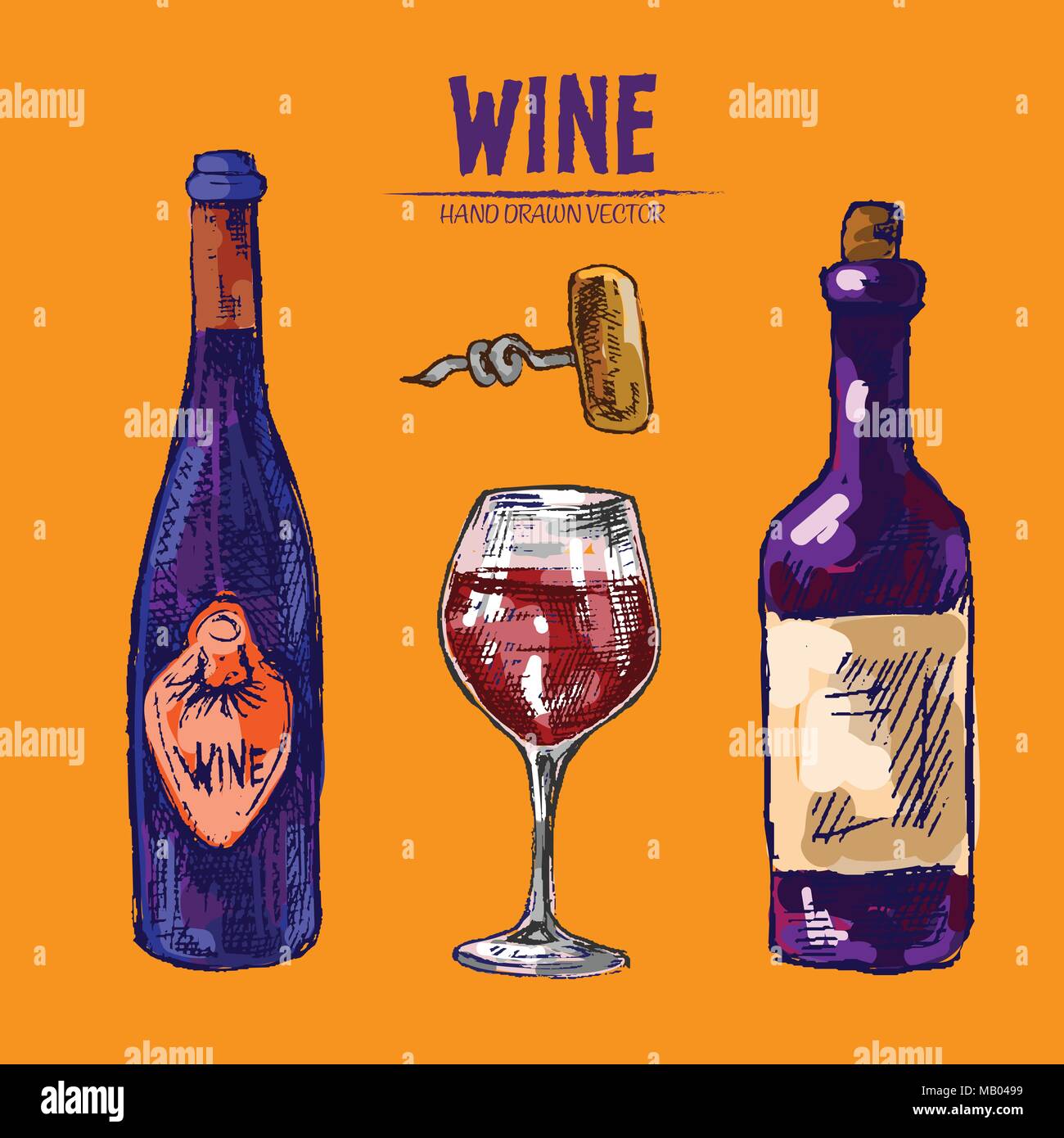 Digital vector detailed line art wine bottle, wineglass and opener hand