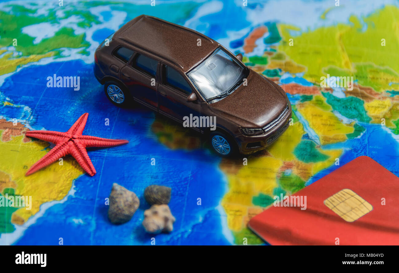 Road Trip - Car Goes on Map. The Route of Automobile Travel. Planning Active Vacation, Interesting Journey. Stock Photo