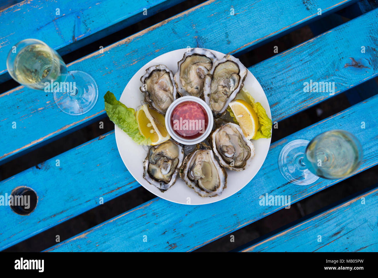 Oysters and champagne with lemon wedge and mignette dressing on white plate  on blue distressed vintage table Stock Photo - Alamy