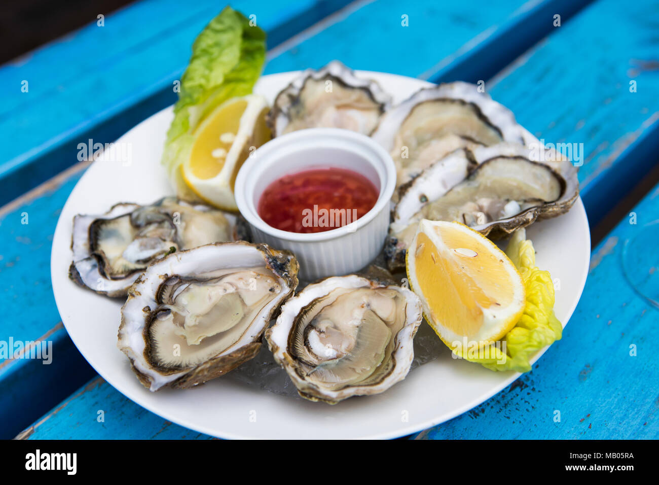 Oysters and champagne with lemon wedge and mignette dressing on white plate  on blue distressed vintage table Stock Photo - Alamy