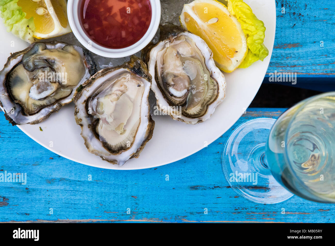 Oysters and champagne with lemon wedge and mignette dressing on white plate on blue distressed vintage table. Stock Photo