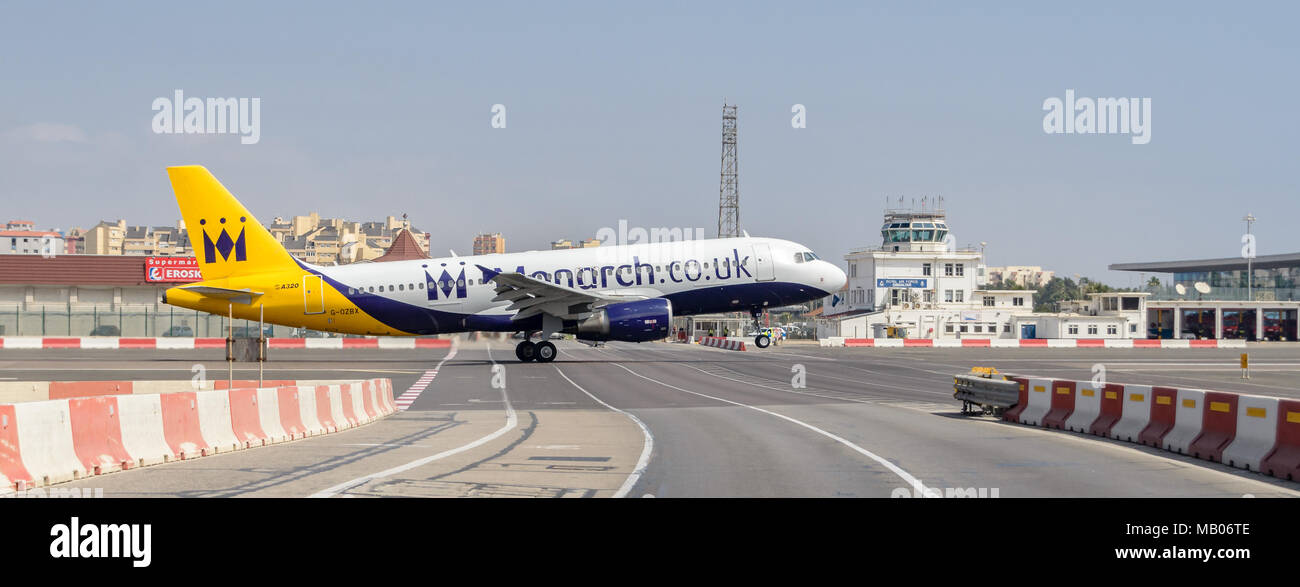 Monarch Airbus A320 departing Gibraltar Airport Stock Photo