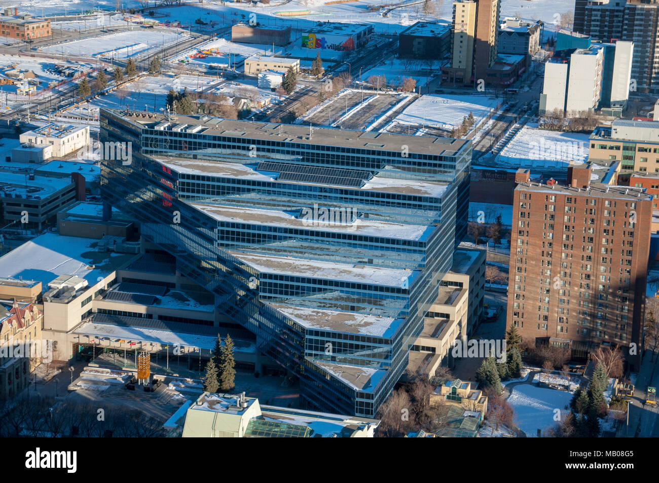 Aerial view of Calgary Municipal Building or City Hall in downtown