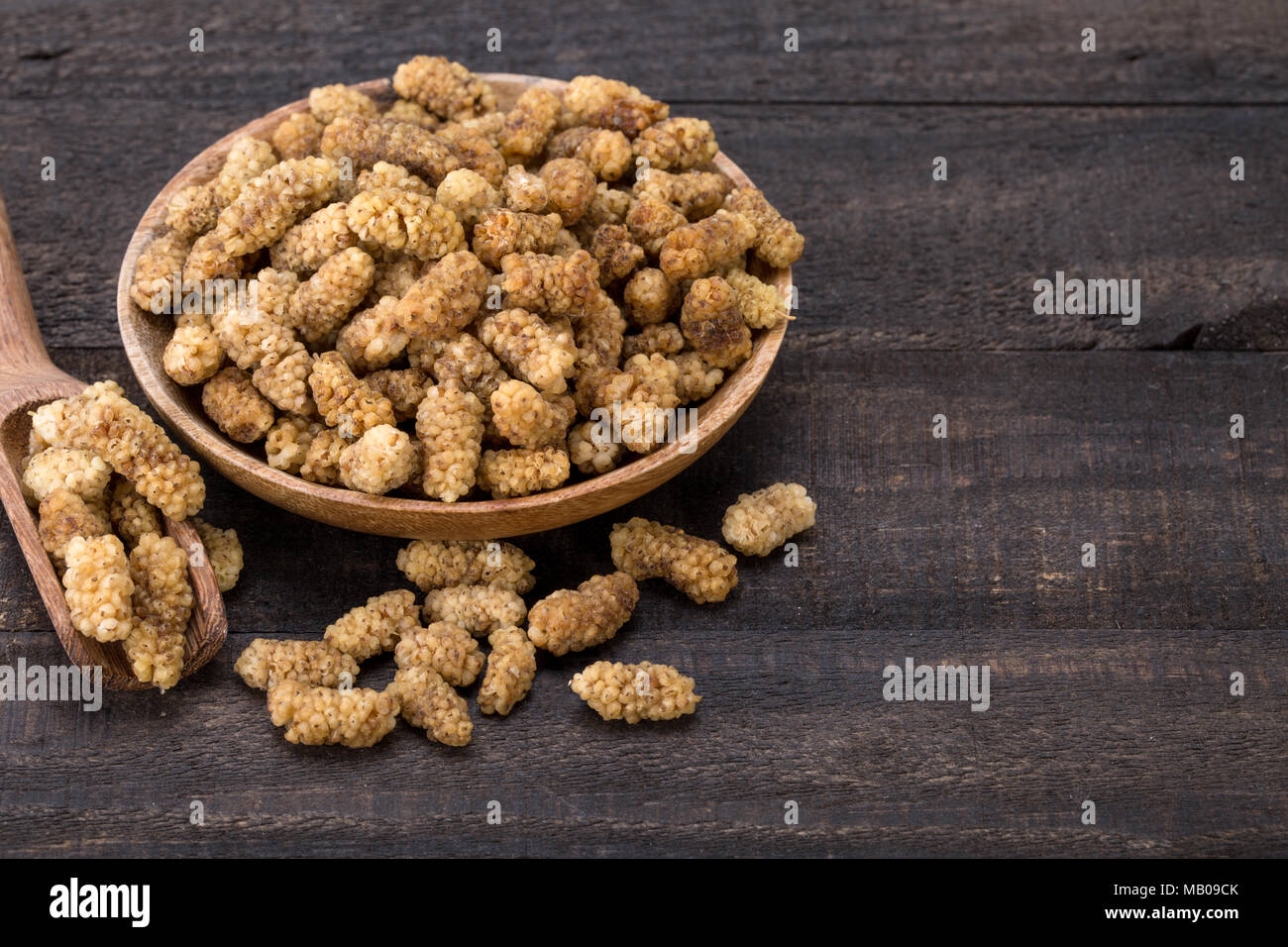 Close Up Shot Of Dried White Mulberries Fruits In A Wooden Bowl And Spoon On Dark Wooden Background And Empty Space For Typing Text Stock Photo