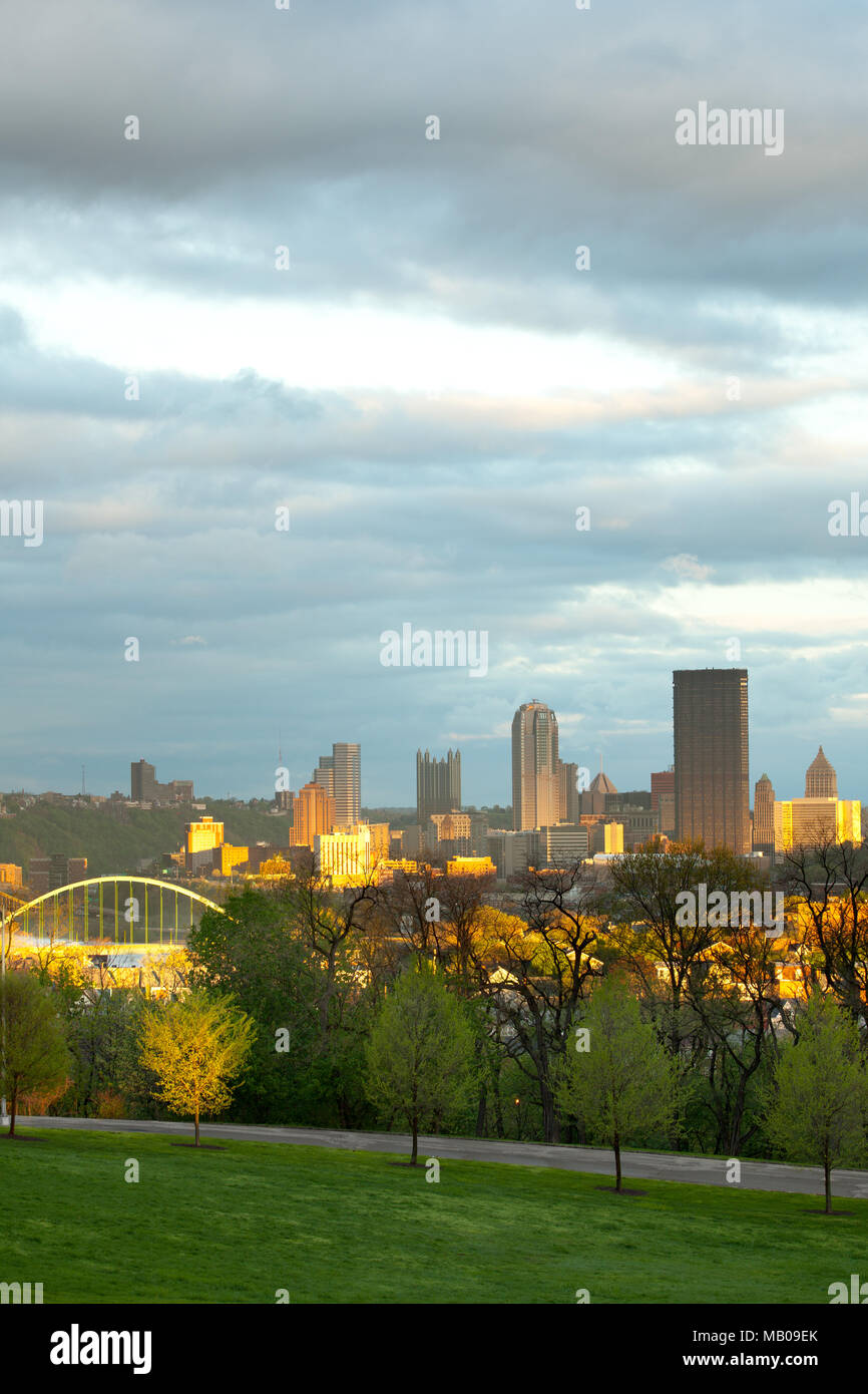 Schenley Park at Oakland neighborhood and downtown city skyline