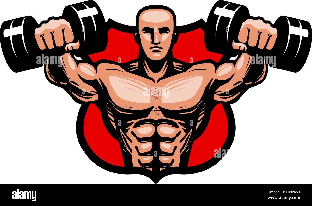 Gym, bodybuilding, sport logo or label. Bodybuilder lifts heavy dumbbells hands. Vector illustration Stock Vector