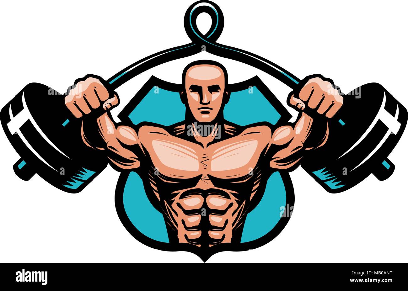 Gym, bodybuilding, sport logo or label. Bodybuilder with heavy barbell in hands. Vector illustration Stock Vector