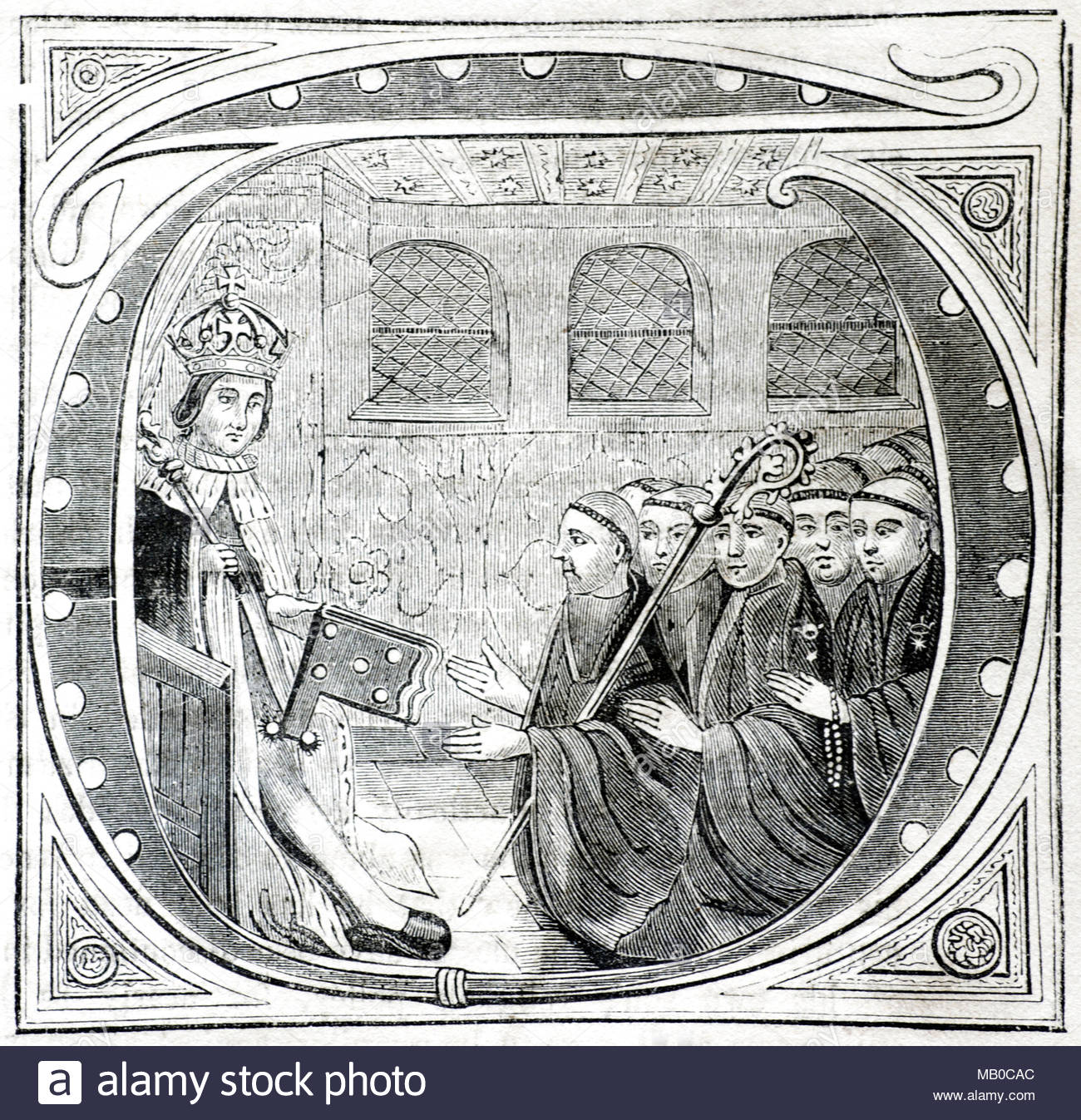 King Henry VII delivering to John Islip, Abbot of Westminster, the book of Indenture in 1498, antique illustration from circa 1860 Stock Photo