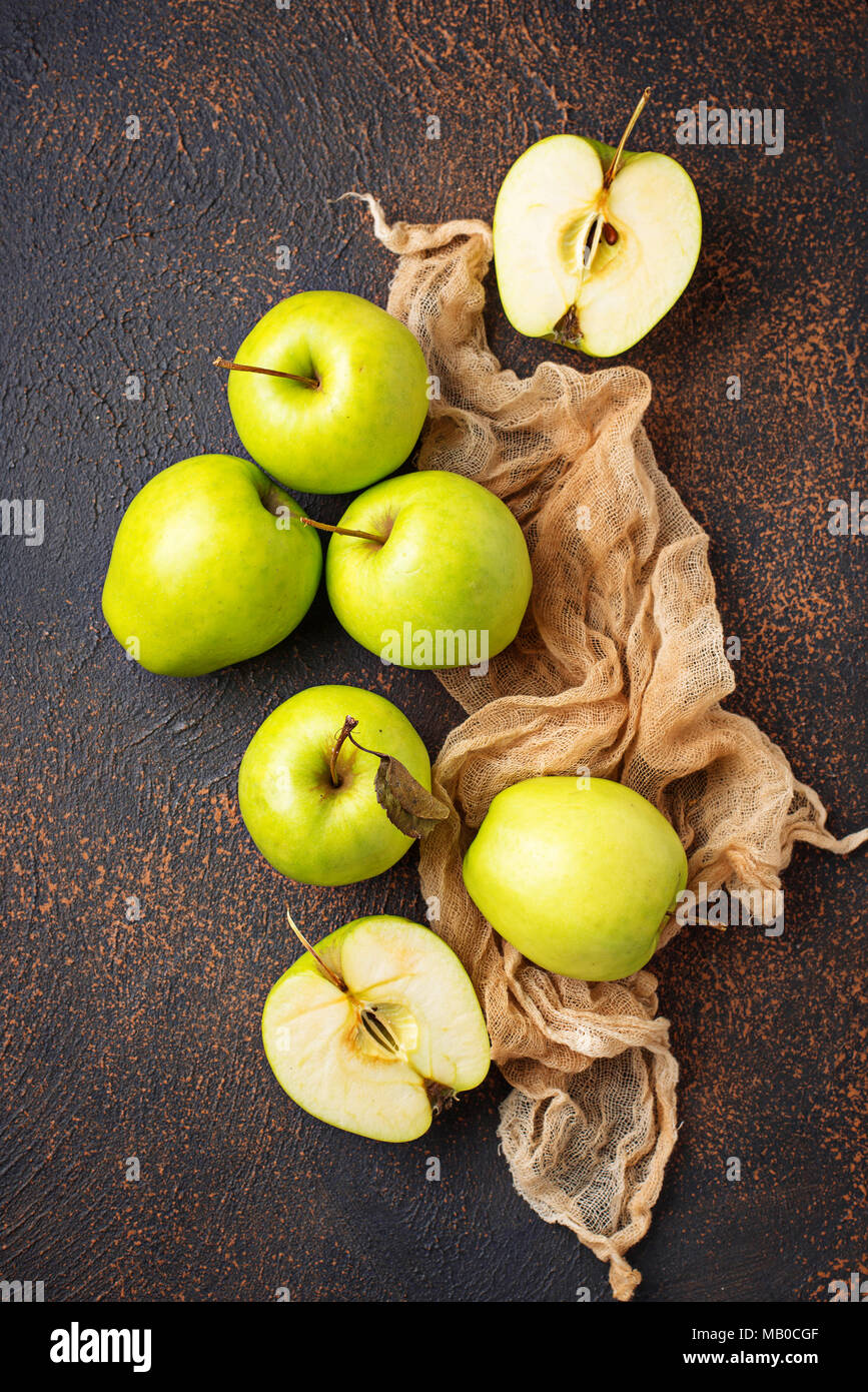 Green juicy organic Granny Smith Apples. Raw fruit background. Front view.  Close up. Stock Photo by poetique_id