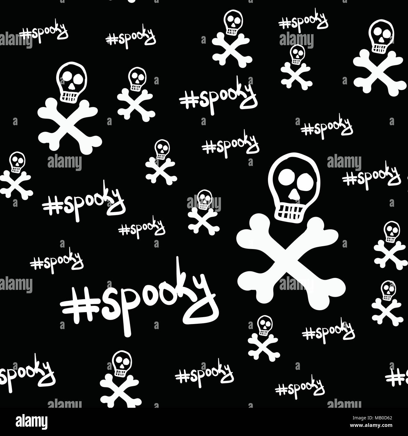 Stylized skulls seamless pattern on black backdrop with spooky hash tag, vector design Stock Vector