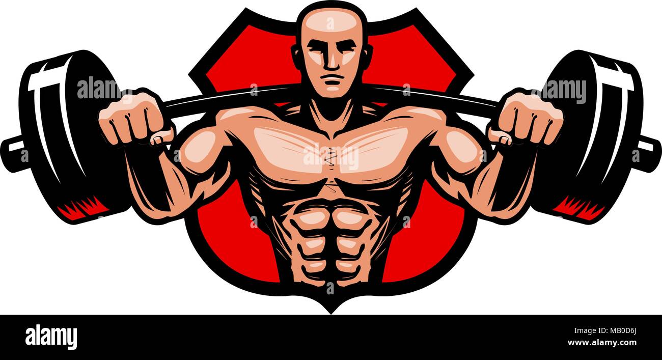 Gym, bodybuilding, sport logo or label. Bodybuilder with heavy barbell in hands. Vector illustration Stock Vector
