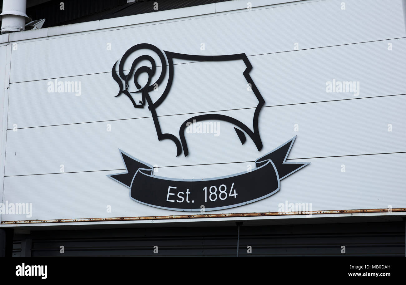 Logo at the entrance of Derby County FC, Derby, Derbyshire, UK - 3rd April 2018 Stock Photo