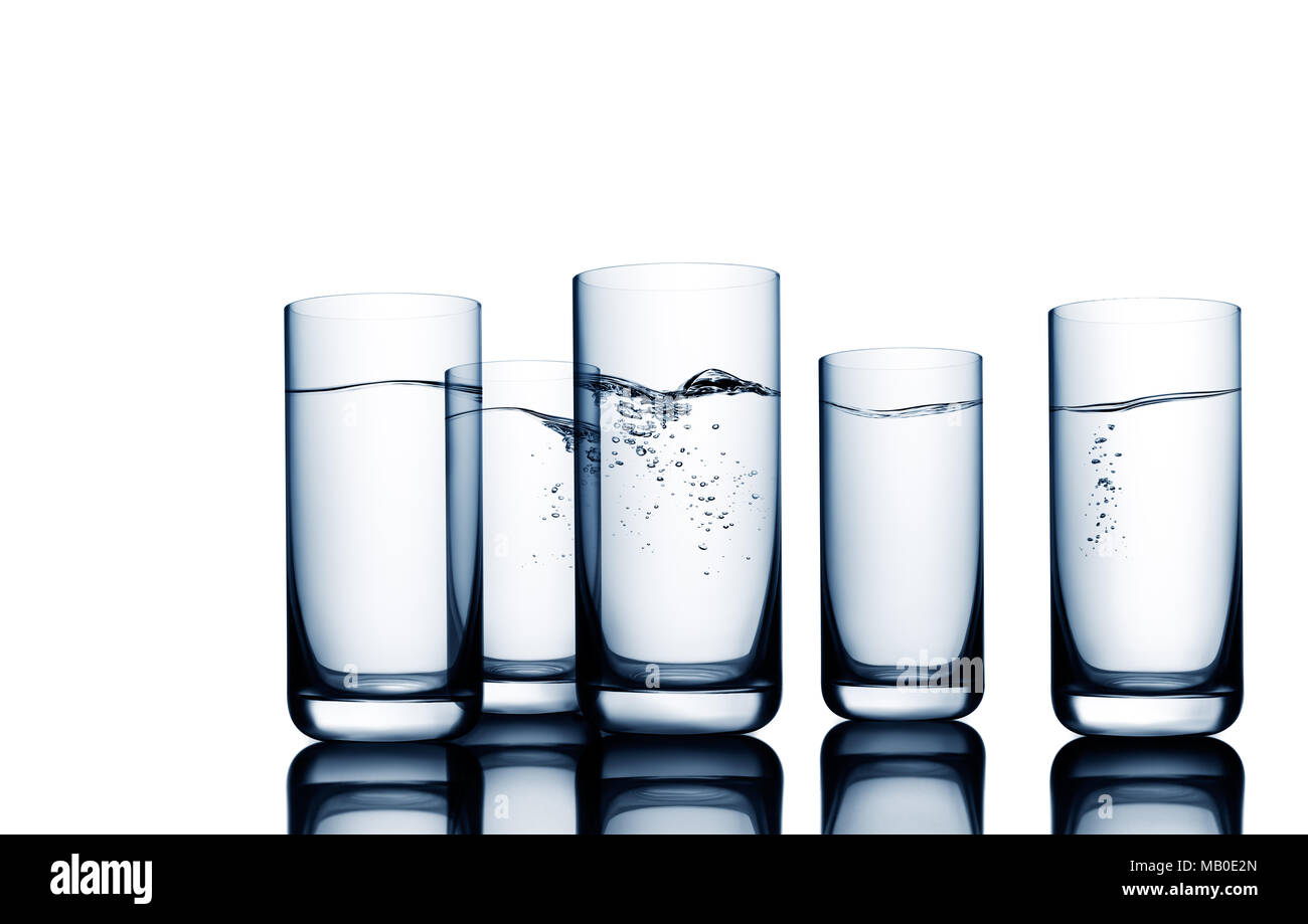 Conceptual illustration of water wave and bubbles seen through water glasses on white Stock