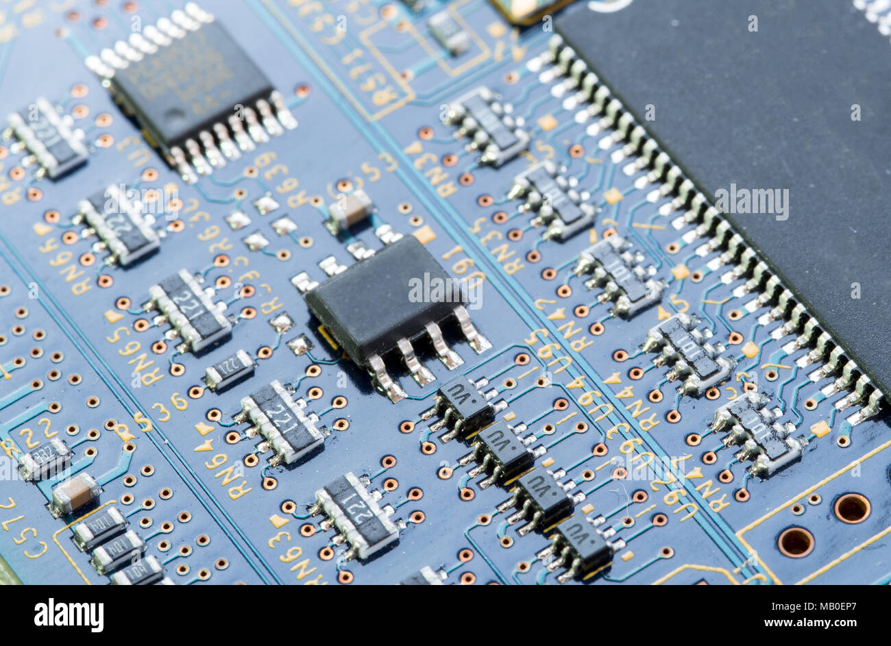Details of a computer electronic circuit board with components ...