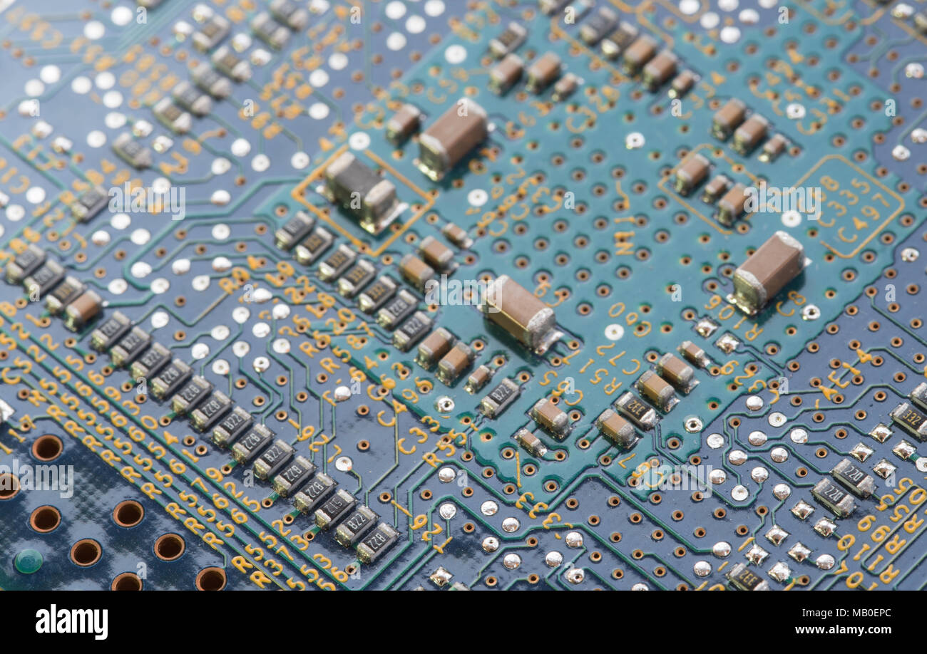Details of a computer electronic circuit board with components ...