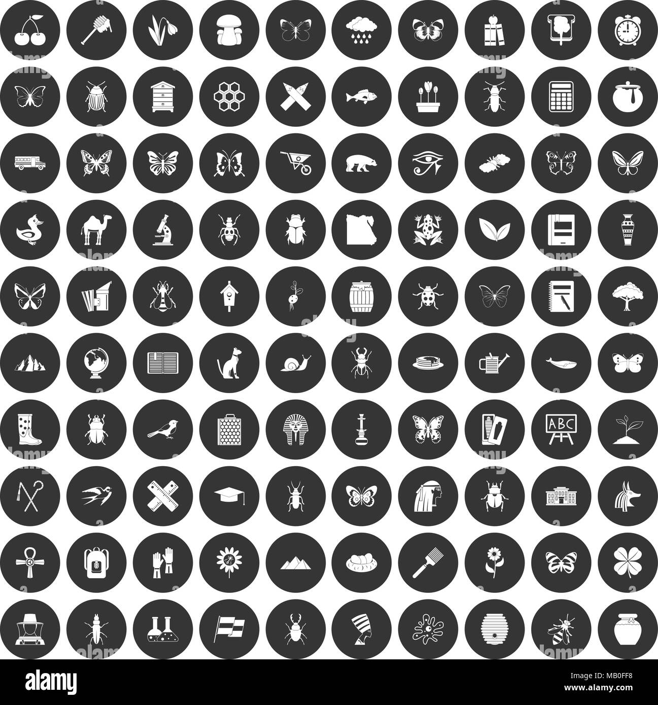 100 insects icons set black circle Stock Vector