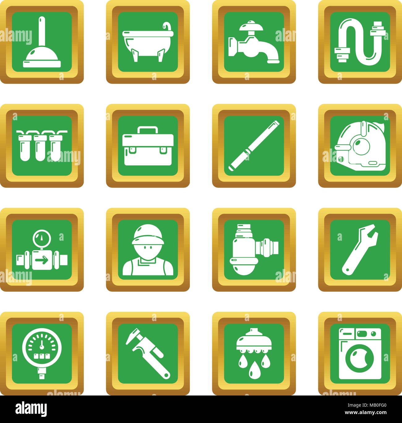 Plumber symbols icons set green square vector Stock Vector