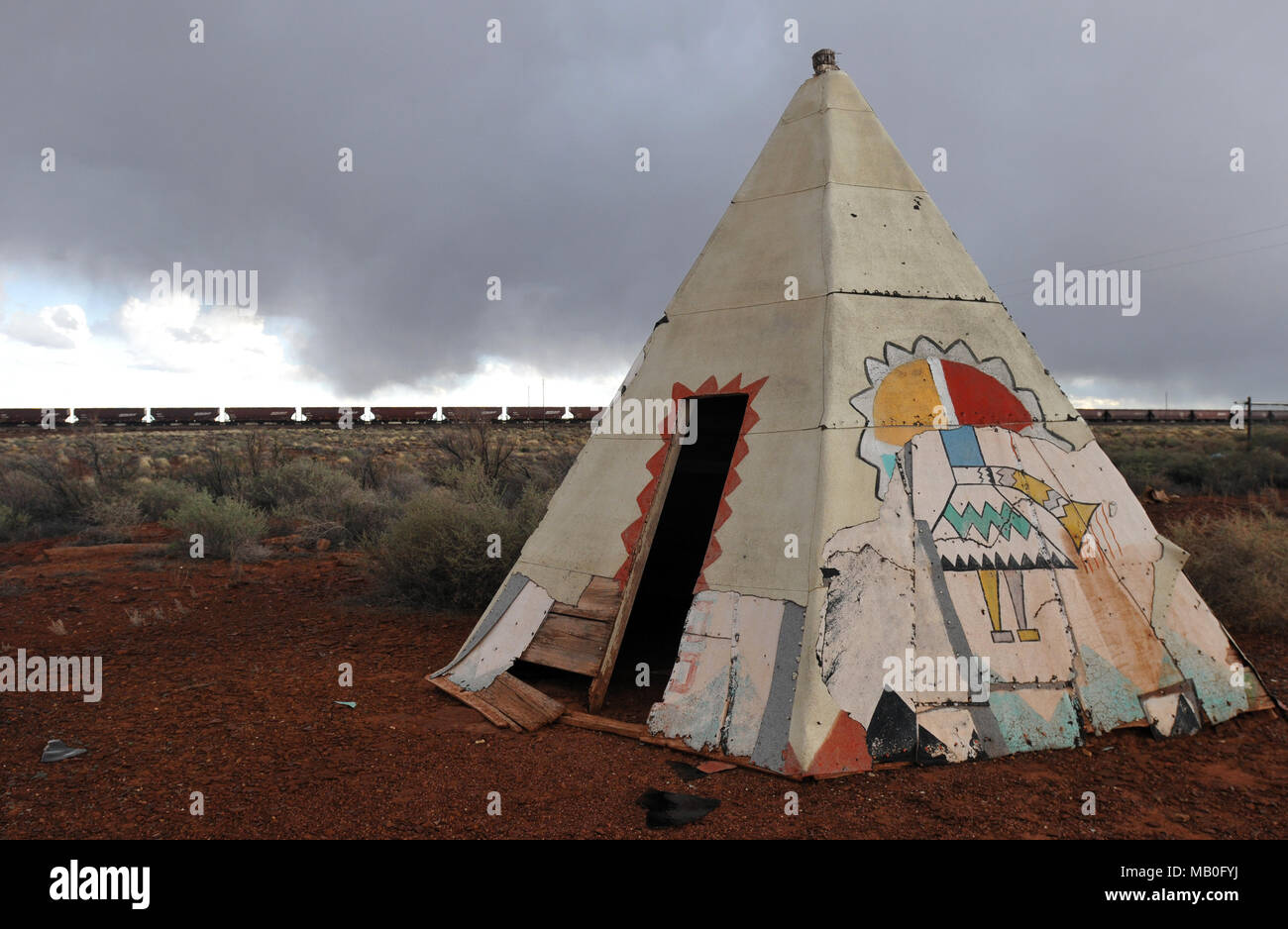 A tepee-style structure stands at the Meteor City Trading Post near Winslow, Arizona. Closed since 2012, the Route 66 landmark is now being restored. Stock Photo