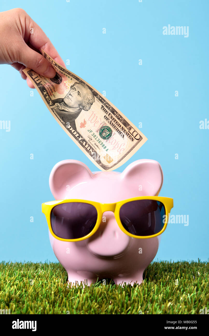 Hand putting a ten dollar bill into a pink piggy bank, with sunglasses, grass and blue sky Stock Photo