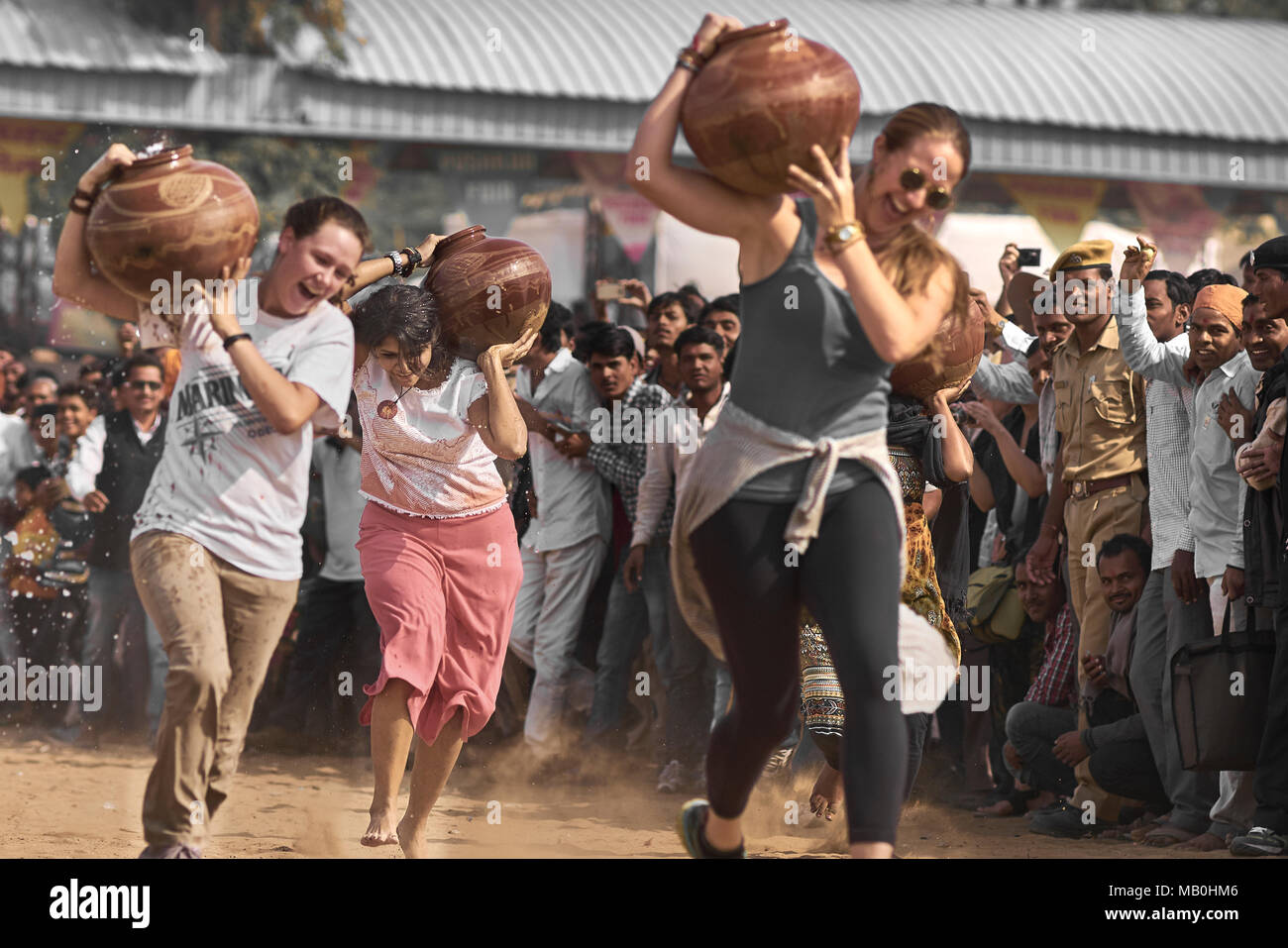 Women Water pot race at Pushkar, Rajasthan India. Stock Photo