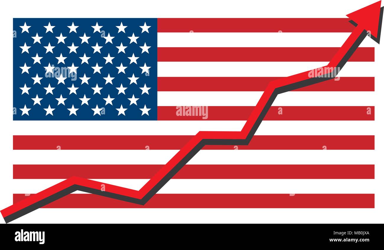 American USA flag with red arrow graph going up showing strong economy and shares rise. Profit and success. Isolated vector illustration. Stock Vector