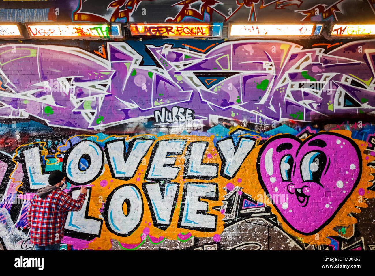 England London Lambeth Waterloo Leake Street Graffiti And Wall Art Tunnel Street Art With Words Lovely Love And Heart Stock Photo Alamy