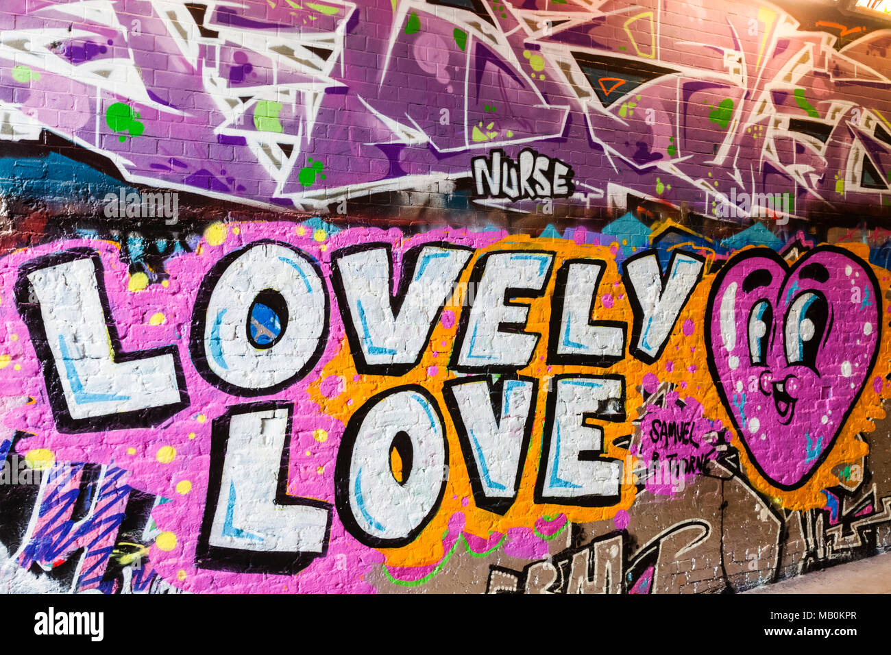 England London Lambeth Waterloo Leake Street Graffiti And Wall Art Tunnel Street Art With Words Lovely Love And Heart Stock Photo Alamy