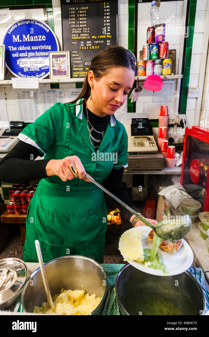 England, London, Southwark, Manze Pie and Mash Shop, Assistant Serving