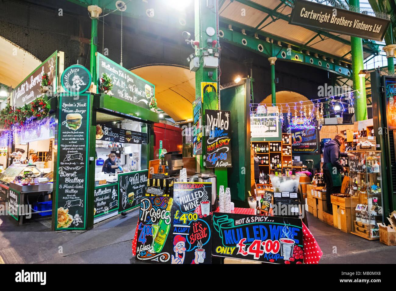 England, London, Southwark, Borough Market, Wine and Seafood Stalls Stock Photo