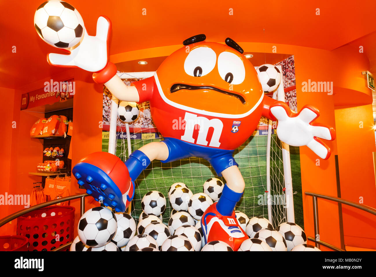 England, London, Leicester Square, M&M Store, M&M Soccer Goal Keeper Stock Photo