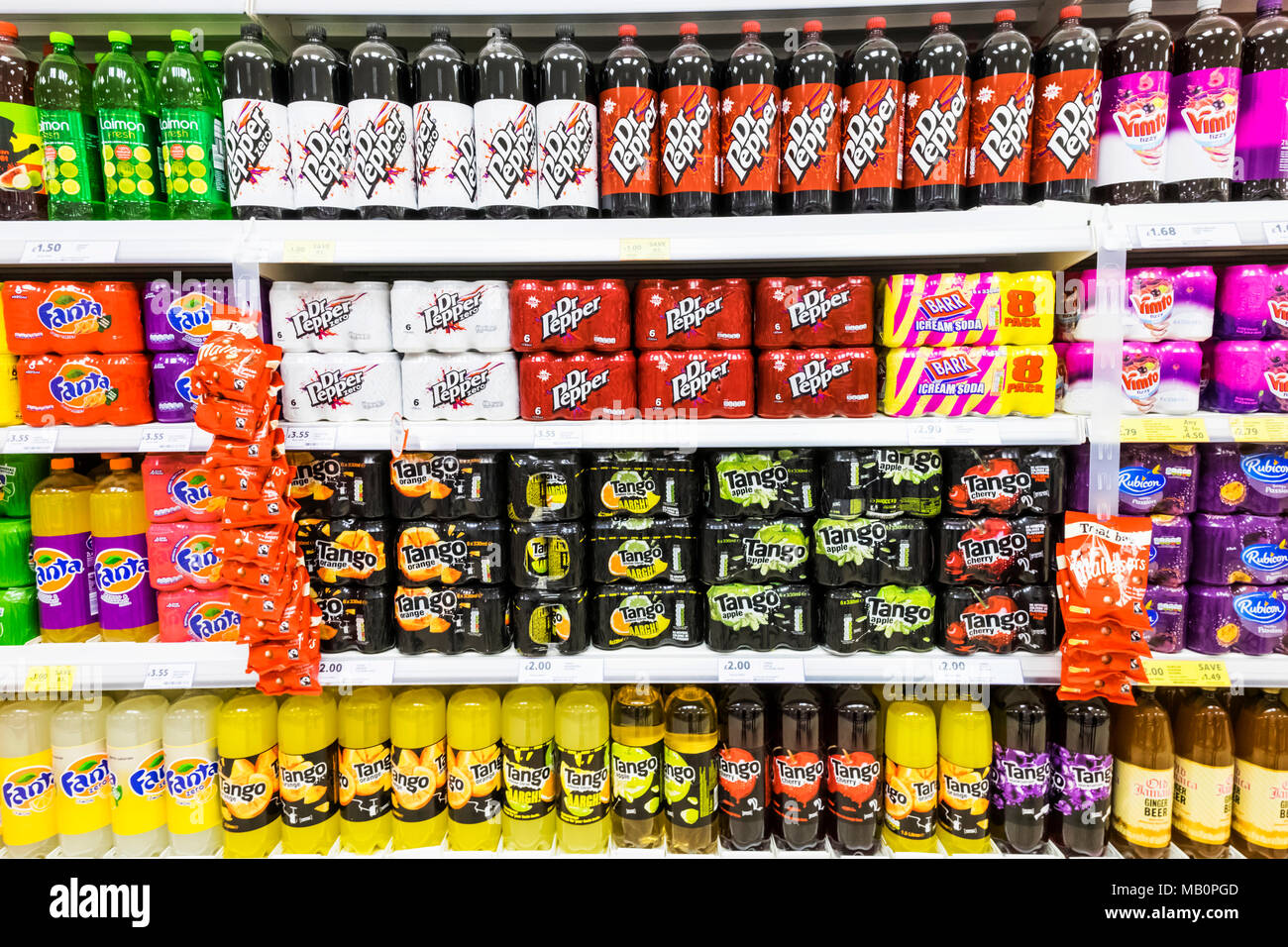 England, London, Supermarket Display of Soft Drinks Stock Photo
