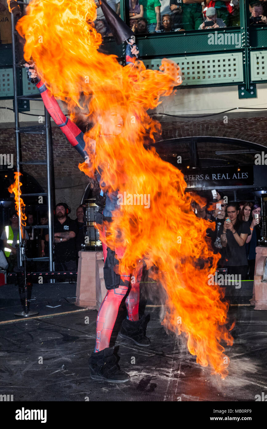 England, London, London Tattoo Convention, Fuel Girls Fire and Pyrotechnics Show Stock Photo