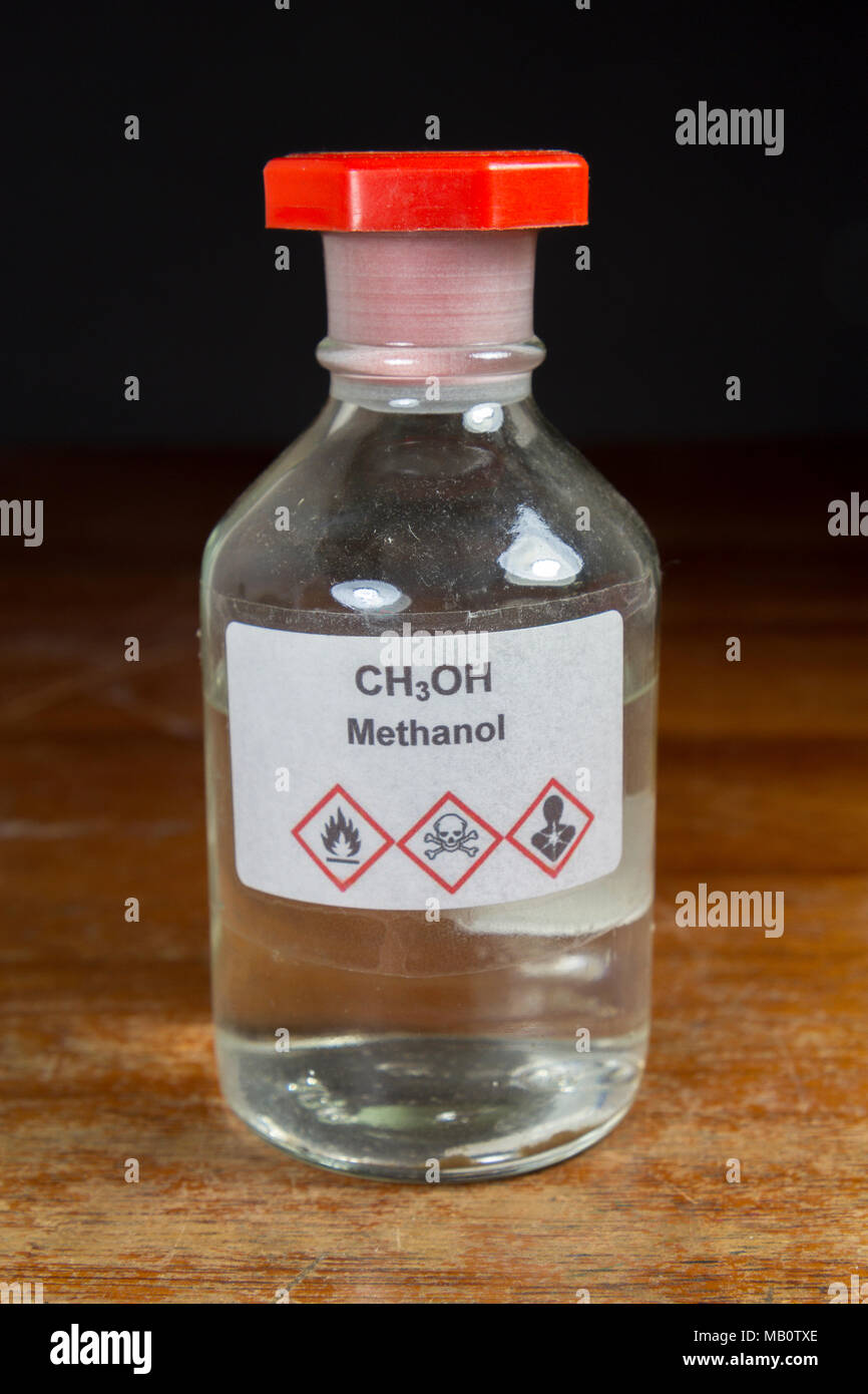 A bottle of Methanol (CH3OH) as used in a UK secondary school, London, UK. Stock Photo