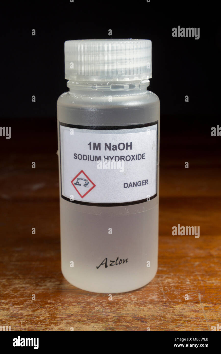 A bottle of 1M sodium hydroxide (NaOH) as used in a UK ...
